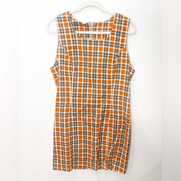 Vintage Orange Plaid Sleeveless Mini Dress Academia - Picture 1 of 5
